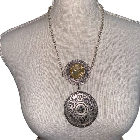 Oversized Medallion Double Disc Necklace - Picture 2 of 4